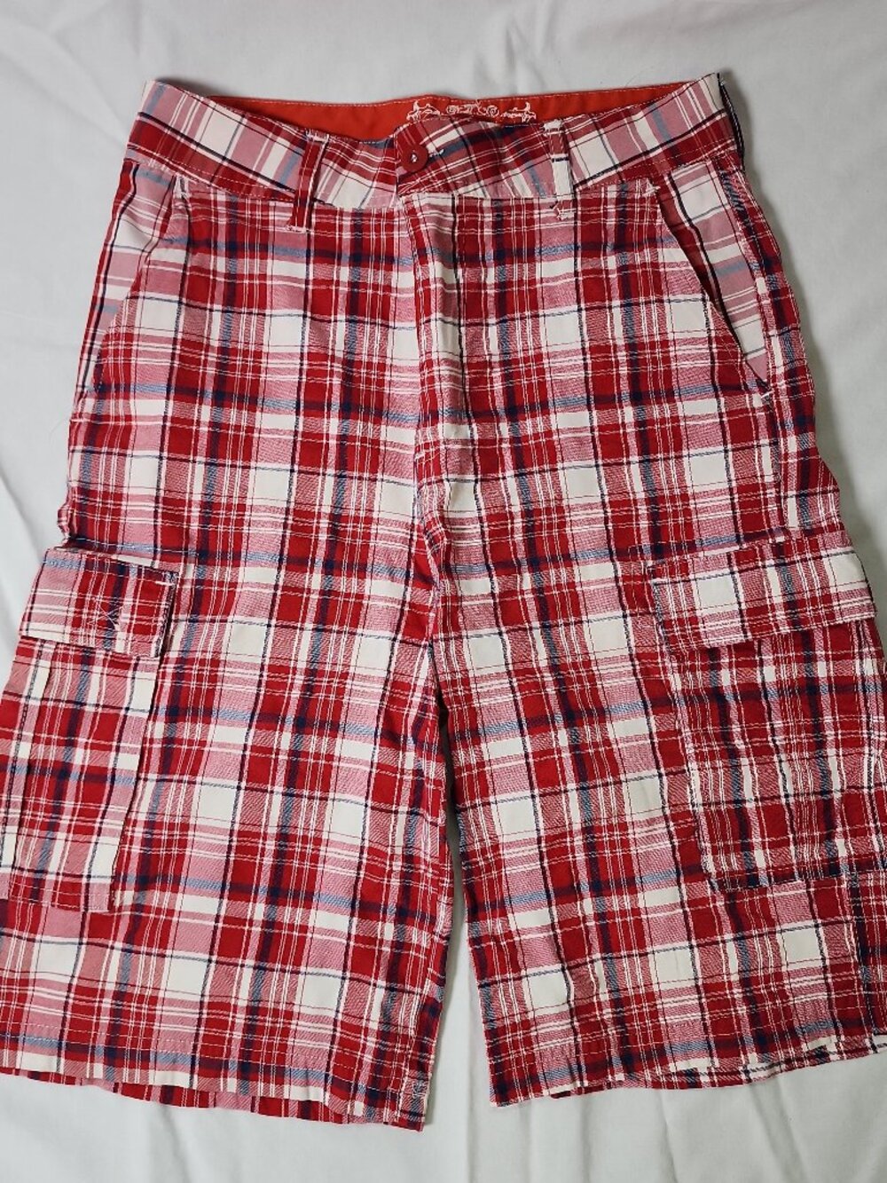Roadblock Boys Plaid Cargo Shorts Size 18 Red White Checkered Y2K Skater